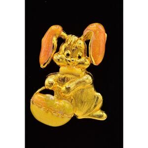 Alfred Sung Vintage Bunny Pin Brooch Easter Basket Gold Enamel AS Signed Bin5A